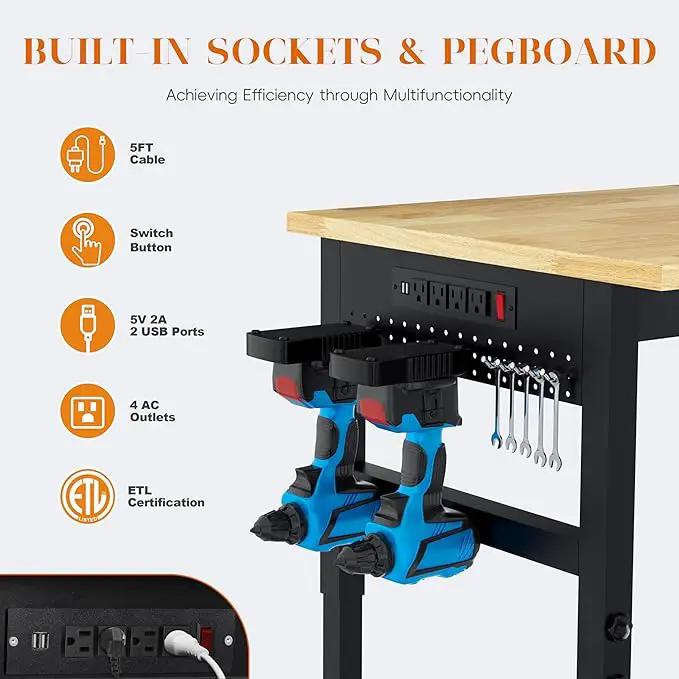 48" Heavy Duty Adjustable Workbench with Large Pegboard, Adjustable Work Table with Power Outlets & Lockable Wheels, Rubber Wood Workstation for Garage, Workshop, Office, Home, Commercial by GreenHaven Gardens