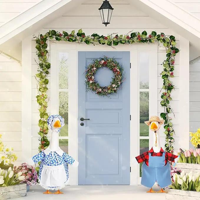2 Set Spring Goose Outfit Blue Lawn Porch Goose Cloths Farmer Plastic Goose Costume for 23" Cement Goose Spring Outdoor Patio Yard Lawn Decoration by GreenHaven Gardens