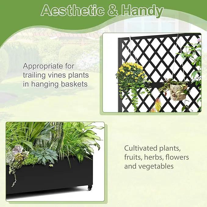 Metal Planter Trellis Box with Wheels & Drain Plug Outdoor Raised Garden Bed Patio Privacy Screen with Planter for Climbing Plants, Vegetables 73"x47"x16" Black-Diamond by GreenHaven Gardens