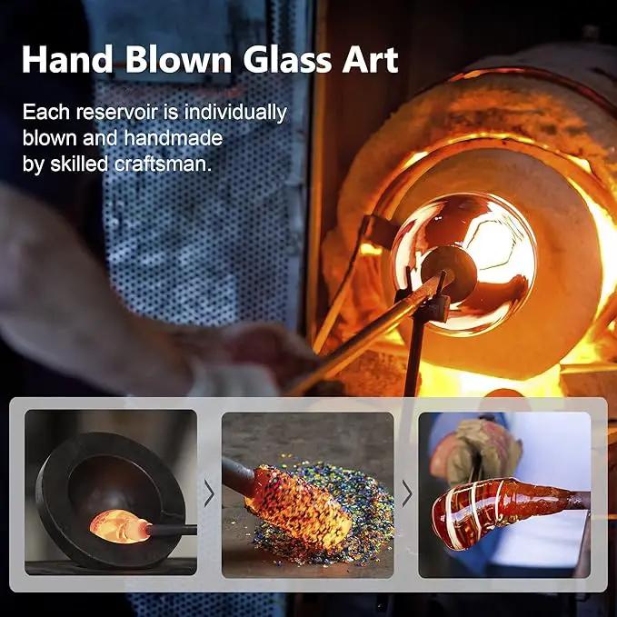 LUJII Hand Blown Glass Hummingbird Feeder for Outdoors Hanging with Ant Moat, 25 fl.oz, Leak Proof & Rustproof, Metal Base with 5 Feeding Ports & 5 Perches, Unique Garden & Backyard Decor (Ribbon) by GreenHaven Gardens