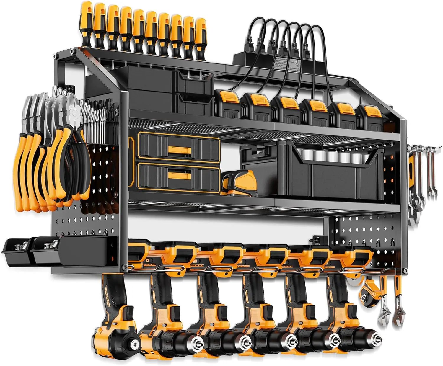 LBT 4 Layer Power Tool Organizer Wall Mount With Charging Station, Patented, 6 Outlet Power Strip, 6 Drill Holder, Heavy Duty Metal Garage Tool Storage Rack, Gifts For Men Fathers Day by GreenHaven Gardens