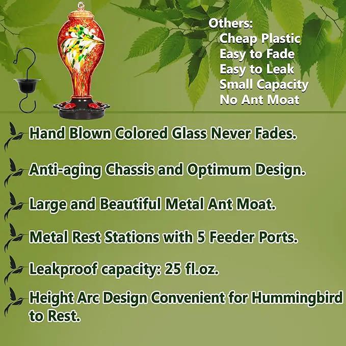 LUJII Hummingbird Feeder for Outdoors, Hand Blown Glass Humming Bird Feeder, Anti Fade Leakproof with 25 Ounces Nectar Capacity, Easy to Install Clean Refill, Include Hook & Ant Moat (Red) by GreenHaven Gardens