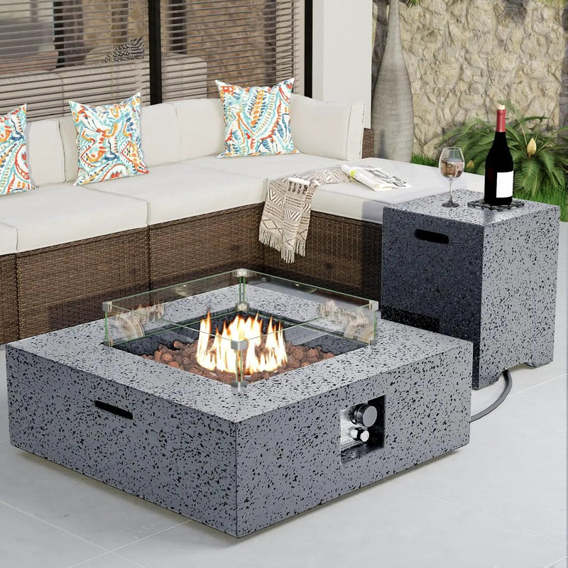 COSIEST Outdoor Propane Fire Pit Coffee Table w Square Faux Stone 35-inch Base, CSA Certified, 50,000 BTU Stainless Steel Burner, Free Lava Rocks and Rain Cover, Wind Guard, Tank Cover,Gray by GreenHaven Gardens