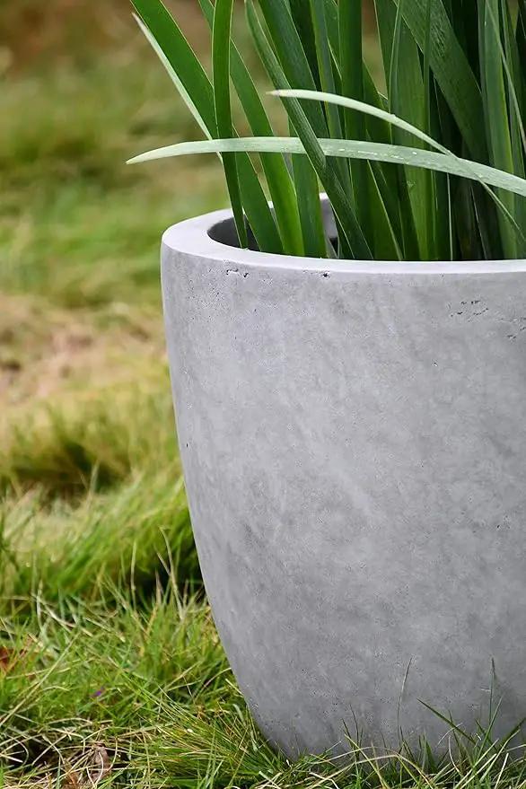 Kante 14 Inch Dia Round Concrete Planter, Indoor Outdoor Large Plant Pot with Drainage Hole and Rubber Plug for Home Patio Garden, Natural Concrete by GreenHaven Gardens