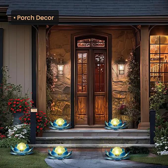GIGALUMI Solar Light Outdoor Garden Decor, Lotus Flower Light Crackle Globe Glass Lantern Outdoor Table Decor Waterproof for Patio, Lawn, Pathway, Pool, Pond, Christmas Gift (Blue Petal) by GreenHaven Gardens