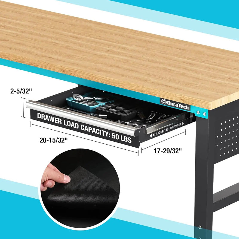 DURATECH 72” Adjustable Workbench, Heavy-Duty Rubber Wooden Top Worktable with a Drawer, 6ft Workstation with Power Strip, Peg Board, 2000 LBS Load Capacity for Workshop Garage Office Home by GreenHaven Gardens