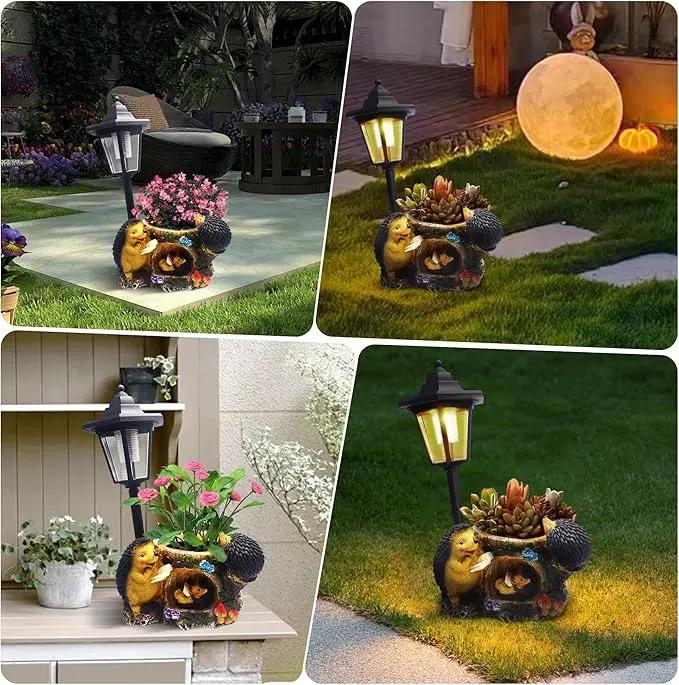 Outdoor Hedgehogs Statues Solar Sculptures with Solar Lights and Flowerpot Funny Garden Decor Animal Figurines Resin Outdoor Statues for Patio Yard Lawn Balcony Gifts by GreenHaven Gardens