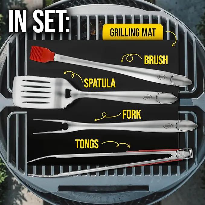 Kaluns BBQ Grilling Accessories, Grilling Gifts for Men Dad, Grill Tools for Outdoor Grill, Heavy Duty Stainless Steel Grill Set with Spatula, Tongs, Fork, Brush, & Grilling Mat, Best BBQ Gifts by GreenHaven Gardens