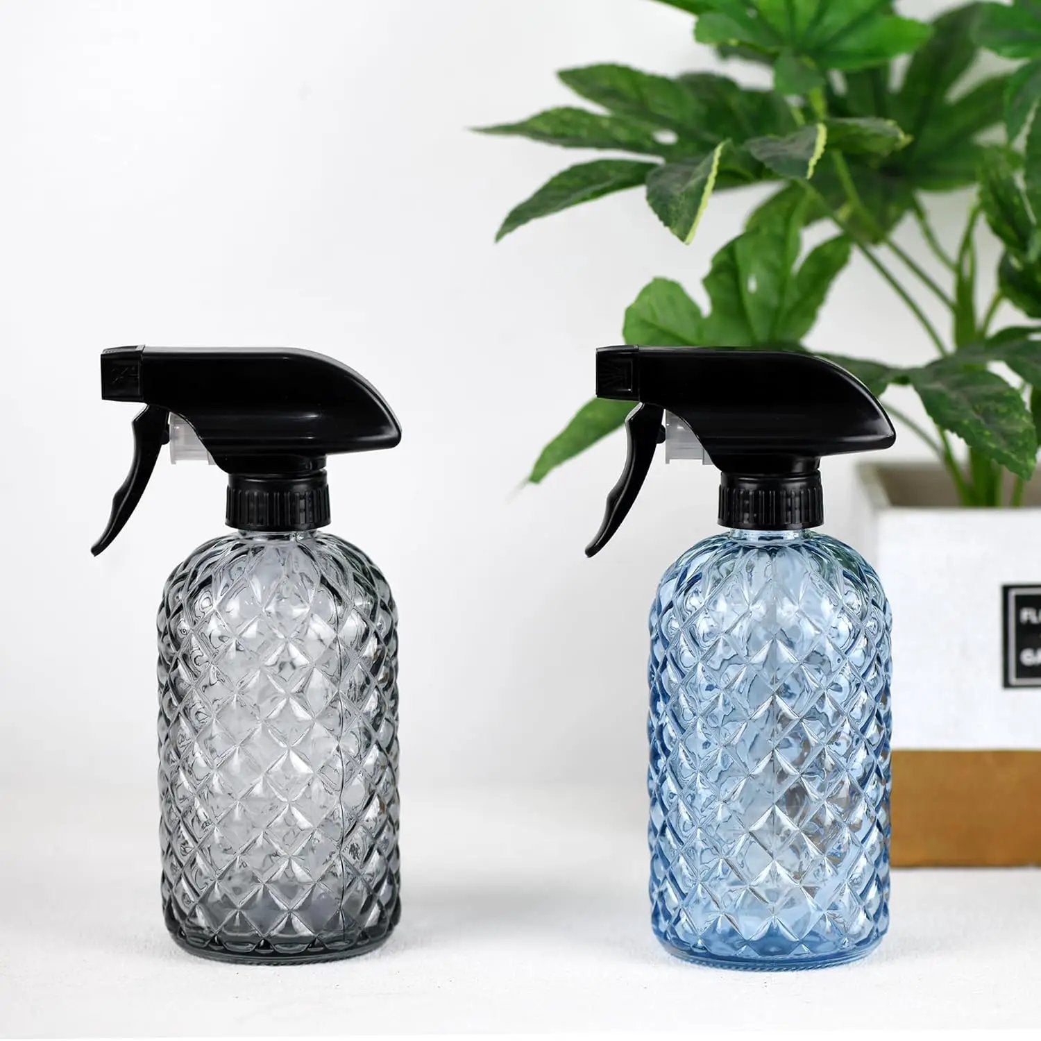 12Oz Glass Plant Spray Bottle, Gem Pattern Glass Sprayer, Watering Can with Black Plastic Top Pump, Handheld Watering Can for Indoor Outdoor Potted Plants and Greenery (Grey) by GreenHaven Gardens