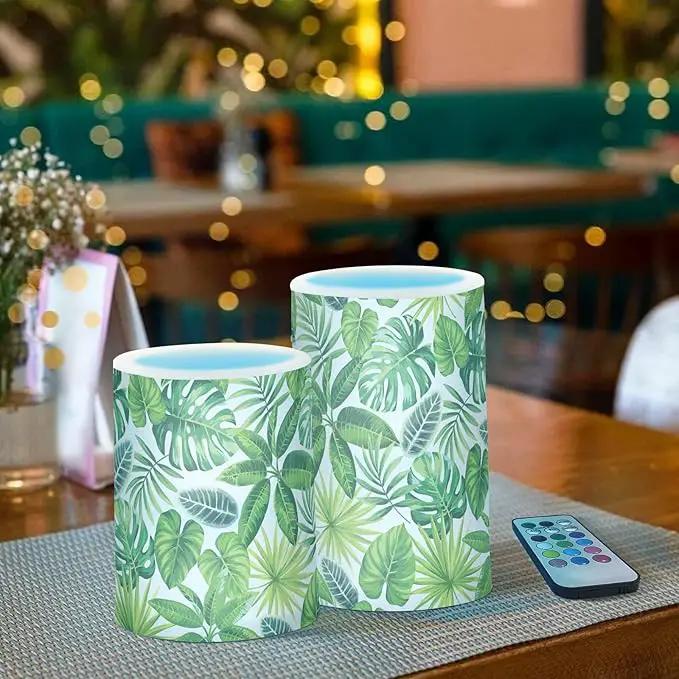 Flickering Flameless Candles, Tropical Palm Leaves Exotic LED Candles with Remote Timer, Set of 2 Battery Operated Candle for Valentine Wedding Birthday by GreenHaven Gardens