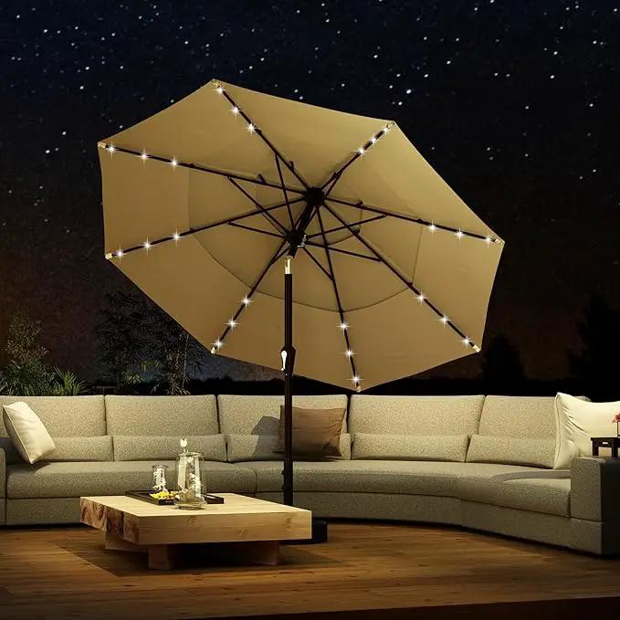 Kingdura 10ft 3-Tier Patio Umbrella with Solar Lights, Table Umbrella Outdoor Patio with Easy Crank & Tilt, 8 Sturdy Ribs, UV Protection, 32 LED Lights for Deck, Poolside, Market (Beige) by GreenHaven Gardens