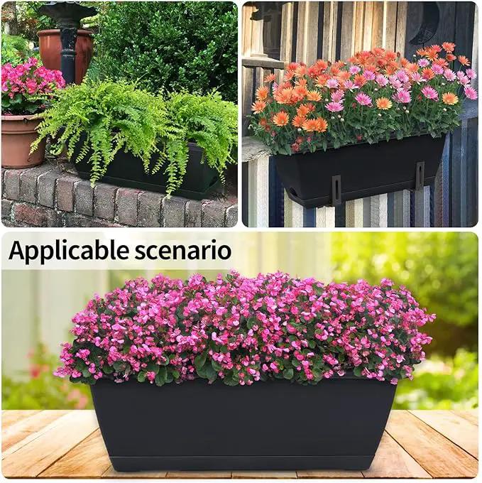 Window Box Planter, 10 Pack Plastic Vegetable Flower Planters Boxes 17 Inches Rectangular Flower Pots with Saucers for Indoor Outdoor Garden, Patio, Home Decor (Black) by GreenHaven Gardens
