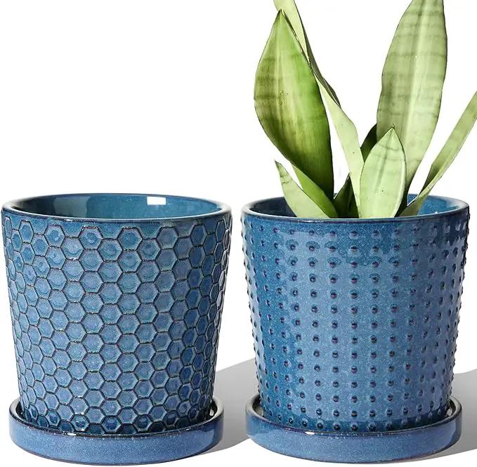 LE TAUCI Ceramic Pots for Plants, 5.5 Inch Plant Pots with Drainage and Saucer, Indoor Plant Pots for Succulents, Snake Plants, Cactus, and More, Set of 2, Reactive Glaze Blue by GreenHaven Gardens