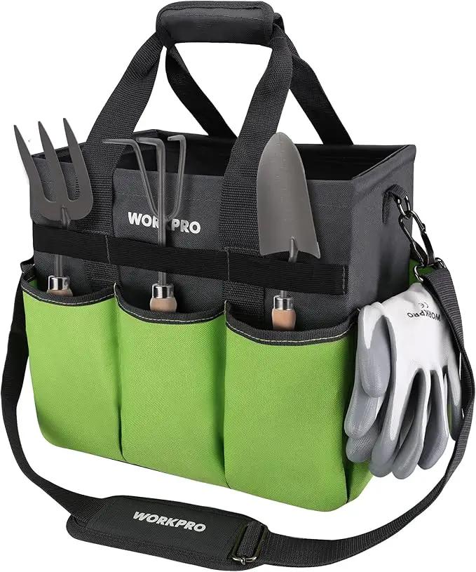 WORKPRO Garden Tool Bag Organizer, Heavy Duty Gardening Tote Bag with 10 Pockets and Long Adjustable Shoulder Strap, Standable Garden Home Tool Kits Organizer, Green by GreenHaven Gardens