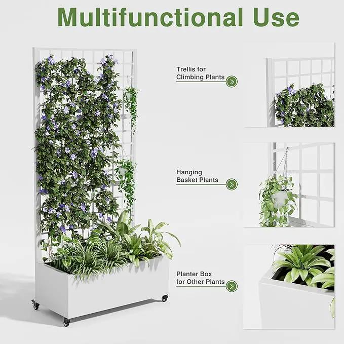 Casaphoria Metal Raised Garden Bed with Trellis and Wheels, 72"x35"x16" Planter Box for Climbing Plants, Vegetables & Vines, Features Drainage Holes and Privacy Screen (White-Square) by GreenHaven Gardens