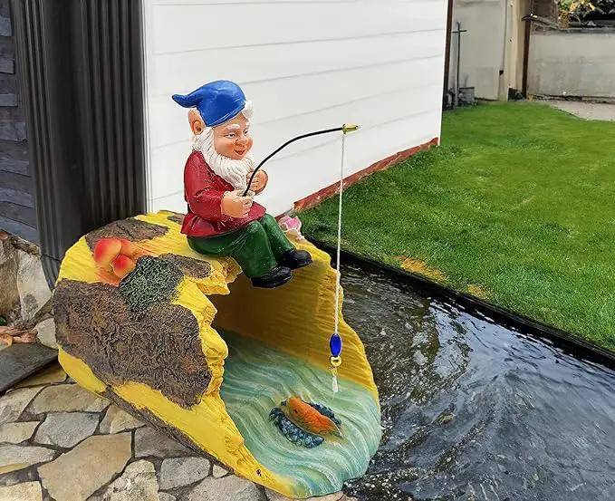 Gnome Fishing 3" x 4" Gutter Downspout Splash Block Decor, Outdoor Garden Animal Statue & Sculpture, Weather-Resistant Gutter Diverter Rain, Decorative Gutter Extension Downspout Ornament by GreenHaven Gardens
