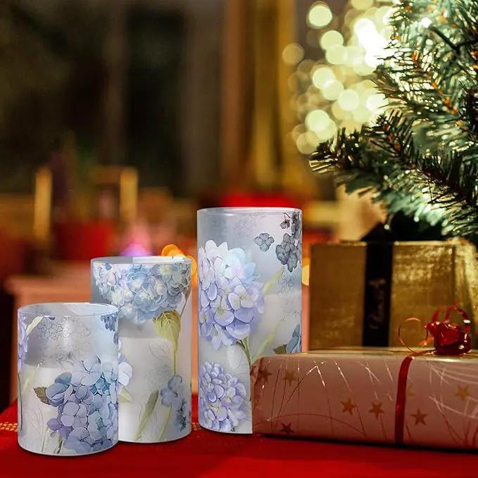 Hydrangea Flameless Candles Flickering, Spring LED Battery Operated Candles with Remote Timer, Glass and Real Wax Pillar Candles for Garden Home Decor(Set of 3, D3 xH4 5" 6") by GreenHaven Gardens