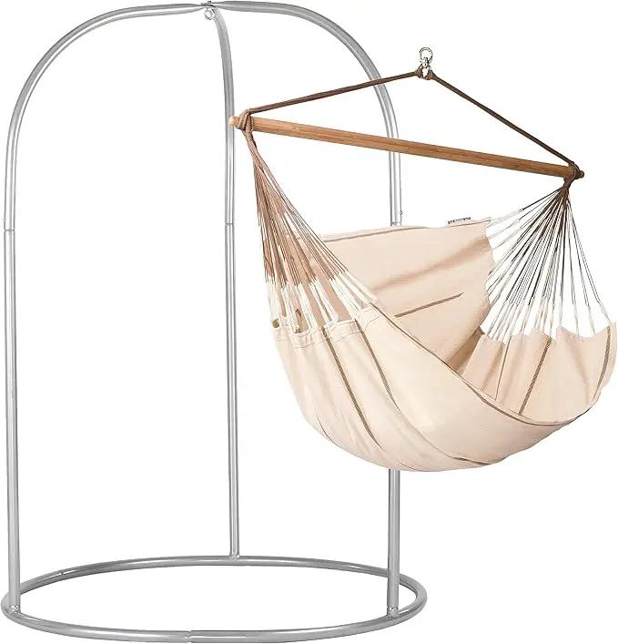 LA SIESTA - XL King Habana Cotton Hammock & Romano Steel Stand - Indoor Outdoor Hanging Hammock Swing for Bedroom Porch Balcony - Boho Hanging Chair - Nougat by GreenHaven Gardens