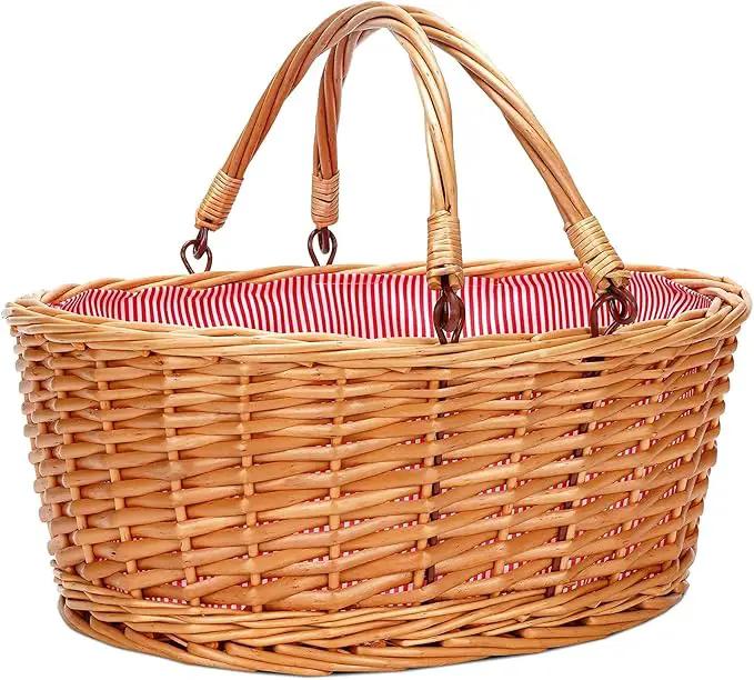 Wicker Picnic Basket with Double Folding Handles, Natural Large Willow Hamper Empty Basket Cheap Easter Eggs Candy Storage Wine Basket for Toy, Flower, Wedding（Red 16inch） by GreenHaven Gardens
