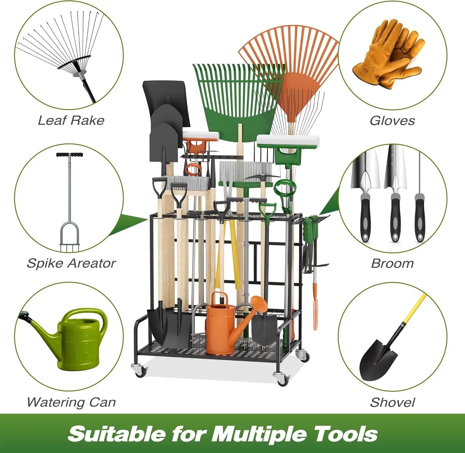 Garden Tool Organizer Rack with Wheels Up to 39 Tools, Heavy-Duty Steel Yard Tool Organizer for Garage Storage with 12 Hooks, Broom Holder & Garden Tool Rack for Shed, Patio, Outdoor Use, Black by GreenHaven Gardens