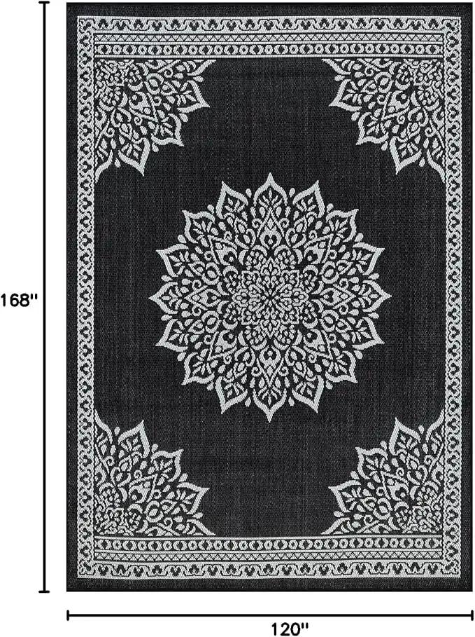 CAMILSON Indoor Outdoor Rug, 10x14 Medallion Black White Modern Area Rugs for Large Indoor and Outdoor Patios, Kitchen and Hallway Mats, Washable Porch Deck Outside Carpet (Medallion Black, 10 x 14) by GreenHaven Gardens