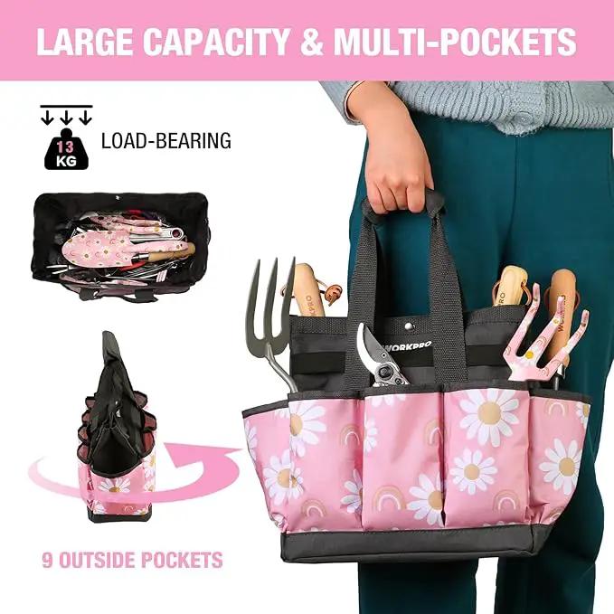 WORKPRO Garden Tool Bag, 9 Pockets Gardening Bag, Heavy Duty Oxford Garden Tote Caddy (Tools NOT Included), 12" x 12" x 6"-Pink Ribbon by GreenHaven Gardens