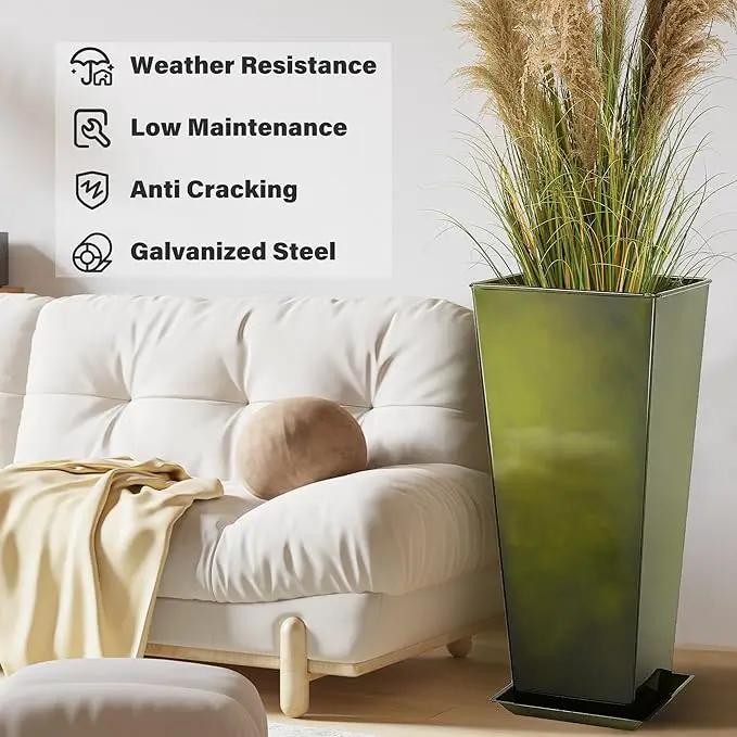 KOL Galvanized Steel Planter 25''H. with Saucer, Bright Glazed Planter with Drainage Hole, Set of 2, Tall Pots for Indoor & Outdoor Use, Decorative Flower Plant Pots for Porch, Patio, Deck - Green by GreenHaven Gardens