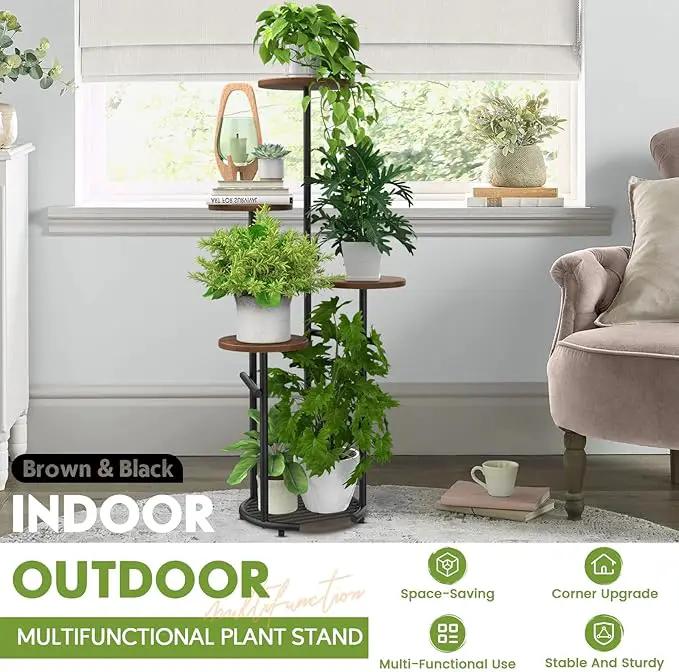 TOSKING 5 Tier Metal Plant Stand Indoor， Plant Shelf, Corner Shelf Flower Pot Stand for Outdoor Plant Stand for Living Room Balcony Garden Patio Bedroom (Black and Brown, 42in) by GreenHaven Gardens