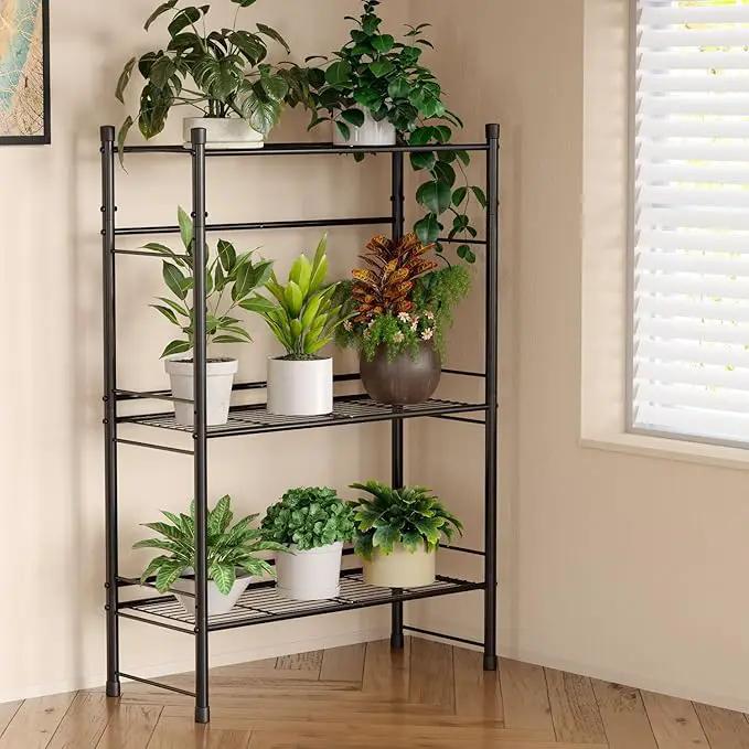 New England Stories Outdoor Plant Stand, 3-Tier Metal Plant Rack, Heavy Duty and Waterproof Plant Shelf, Stackable Tall Flower Pot Holder for Garden Display Rack, Black by GreenHaven Gardens