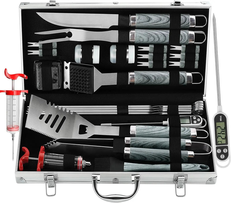 grilljoy 24PCS BBQ Grill Tools Set with Meat Thermometer and Injector - Extra Thick Stainless Steel Fork, Spatula& Tongs - Complete BBQ Accessories in Aluminum Case - Perfect Grill Gifts for Men Grey by GreenHaven Gardens