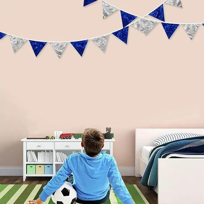 Pinkblume Silver Blue Double Sided Sequin Fabric Triangle Pennant Banner Flag Bunting Garland for Nautical Ahoy Anchor Theme Nursery Home Classroom Wall Decor by GreenHaven Gardens