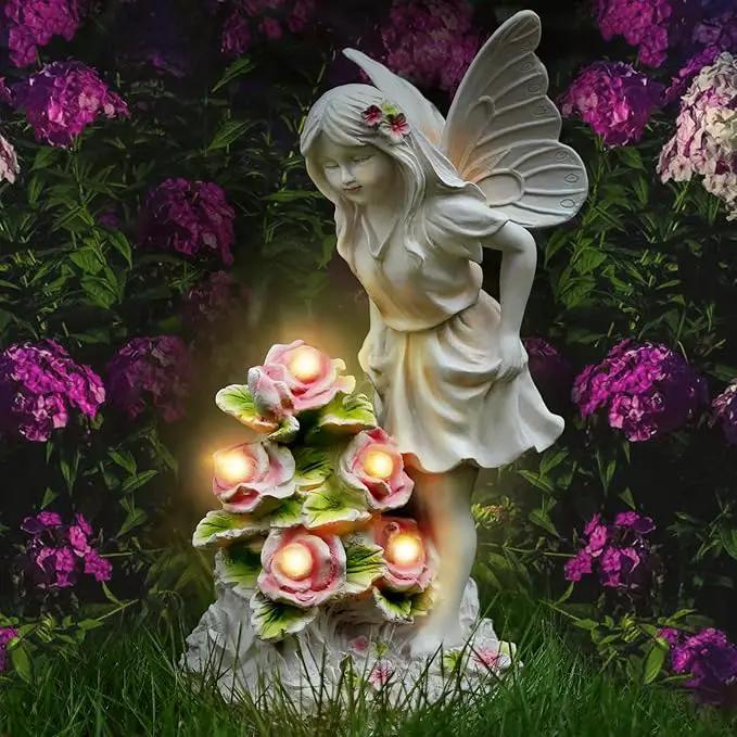 Angel Garden Statue, Guardian Solar Garden Decor with Warm Light, Waterproof Butterfly Angel Figurine with Flowers, Outdoor Garden Decor Sculpture for Lawn Yard Patio Windowsill, White by GreenHaven Gardens