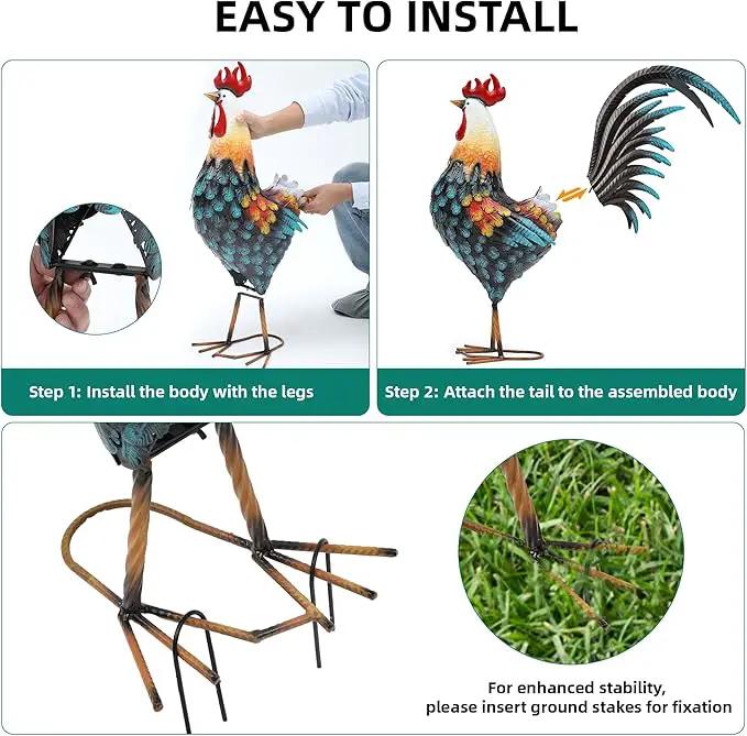 32" Large Metal Rooster Decor, Outdoor Garden Statues, Metal Chicken Sculpture for Backyard Patio Kitchen Decor by GreenHaven Gardens