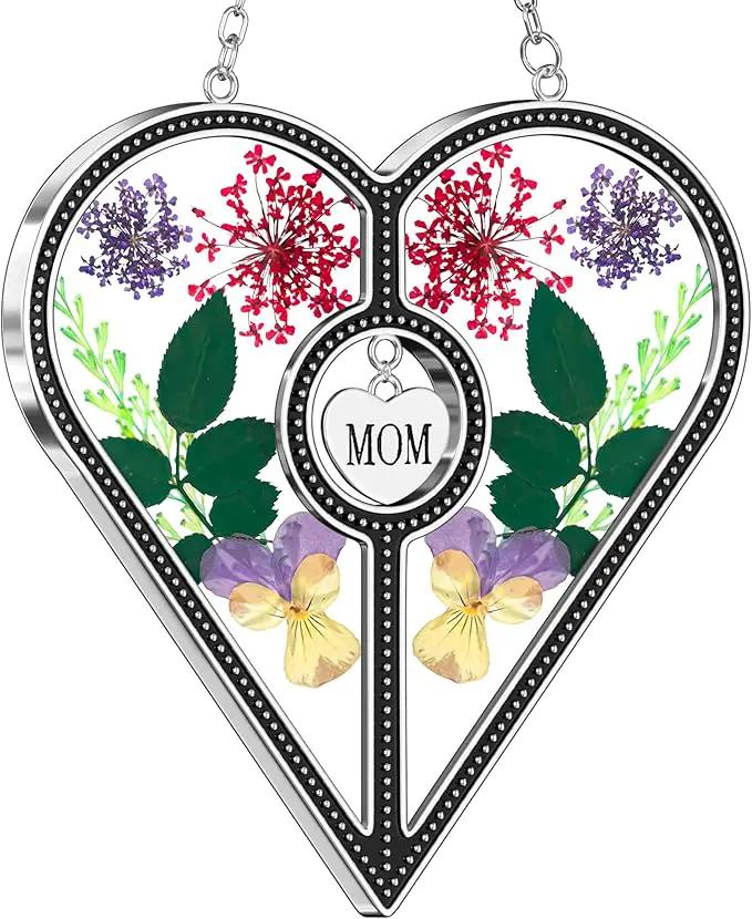 KY&BOSAM Heart Suncatcher Mom Stained Glass for Windows Hangings Wind Chimes with Pressed Flower Heart in Glass with Metal Trim Heart Charm Birthday Gifts for Women Mother`s Day Christams Home Decor by GreenHaven Gardens