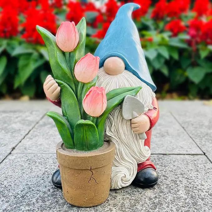 Garden Gnome Statue, Sculpture of a Dwarf Holding a Shovel and a Flower Pot, Solar Gnome Statues Outdoor Decor, Outside Lawn Patio Yard Ornament Gifts by GreenHaven Gardens