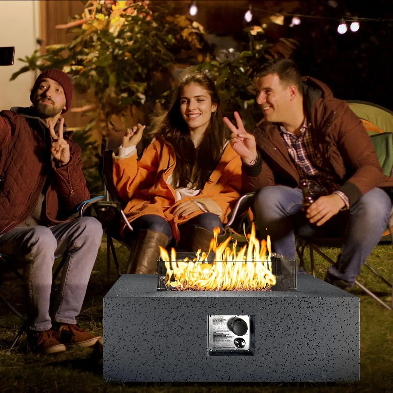COSIEST Outdoor Propane Fire Pit Coffee Table w Square Faux Stone 35-inch Base, CSA Certified, 50,000 BTU Stainless Steel Burner, Free Lava Rocks and Rain Cover, Wind Guard, Tank Cover,Gray by GreenHaven Gardens
