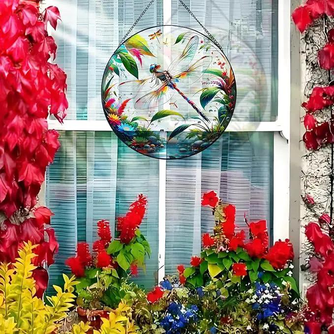 RIVEENY Stained Glass Window Hangings, 8" Stained Glass Decorations, Dragonfly Suncatcher for Indoor Garden Window Home Decor Dragonfly Gifts for Grandma,Mom by GreenHaven Gardens