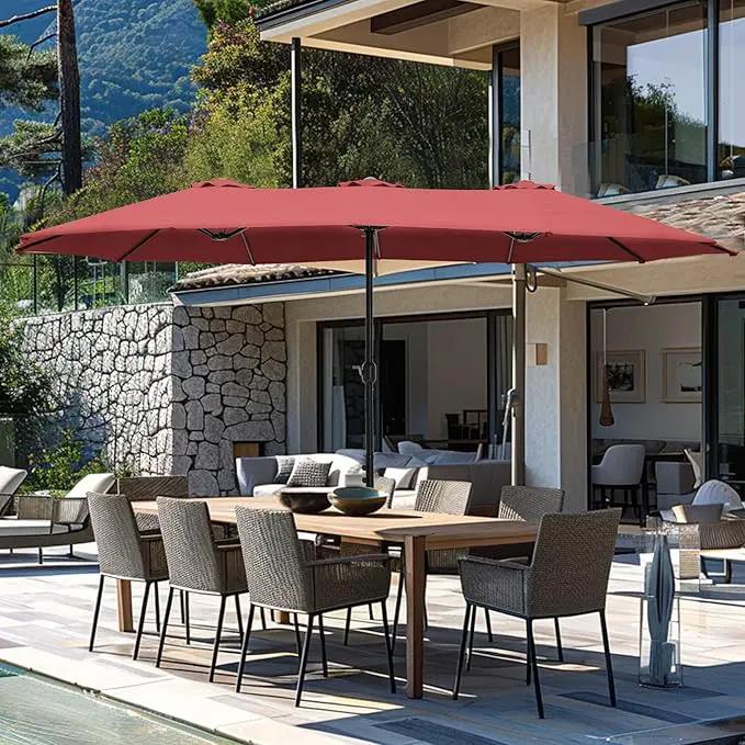 GREEN PARTY 15 ft Rectangle Patio Umbrella with Base Included, Double-Sided Table Umbrella with Crank, Large Outdoor Umbrellas for Patio Poolside Garden Backyard, Burgundy Red by GreenHaven Gardens
