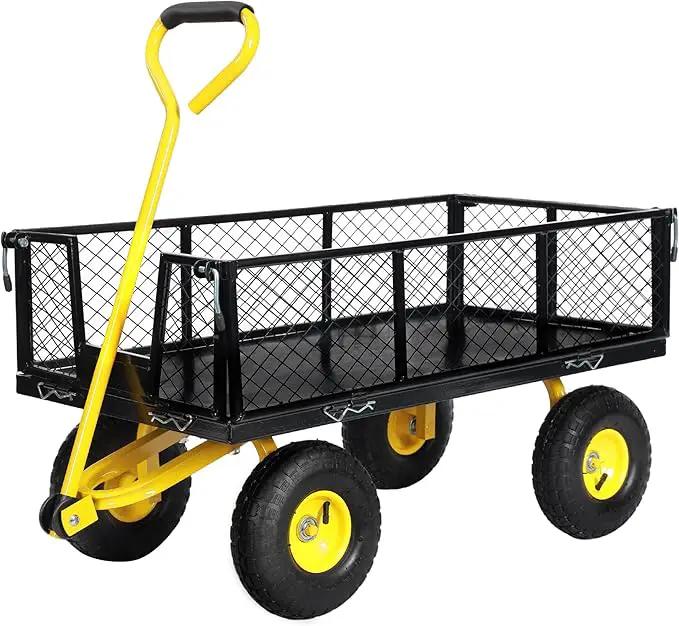 SUNNYFEEL 900 Lbs Capacity Heavy Duty Mesh Steel Garden Cart, Folding Utility Wagon with Removable Sides,10 Inch Flat Free Tires, Black & Yellow by GreenHaven Gardens
