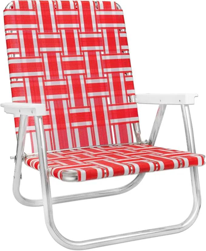 Lawn Chair USA Folding Aluminum Outdoor Patio Lawn Chair | Heavy-Duty Webbed Chairs for Camping, Sports, Beach, Yard & Tailgating | Lightweight Portable | High Back Beach Chair - Red & White Stripe by GreenHaven Gardens