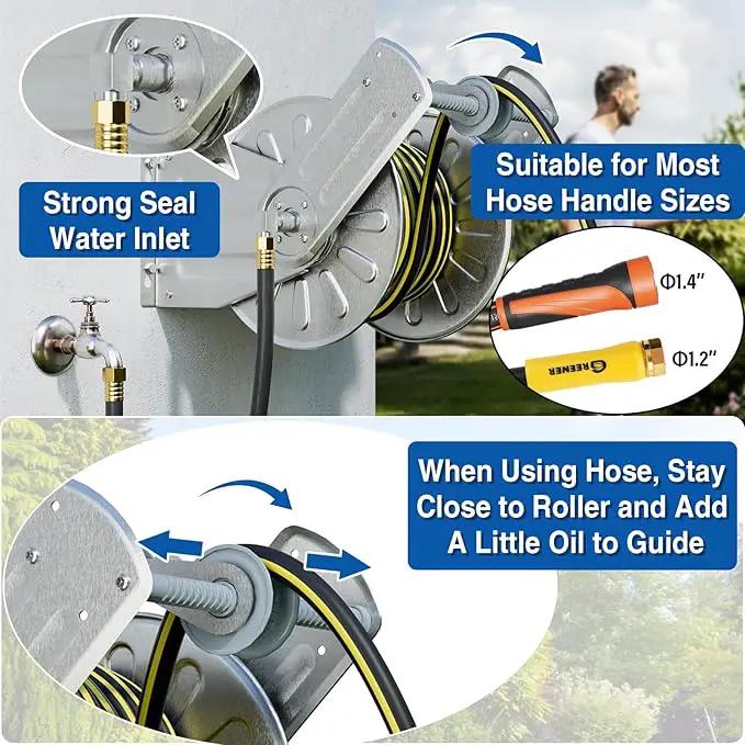 GREENER Stainless Steel Hose Reel for Outside,Wall Mount Garden Hose Holder Heavy Duty Metal Reel, 3/4" Solid Connector with 5/8" Inlet Hose and Crank,65-Feet 5/8" Hose Capacity by GreenHaven Gardens
