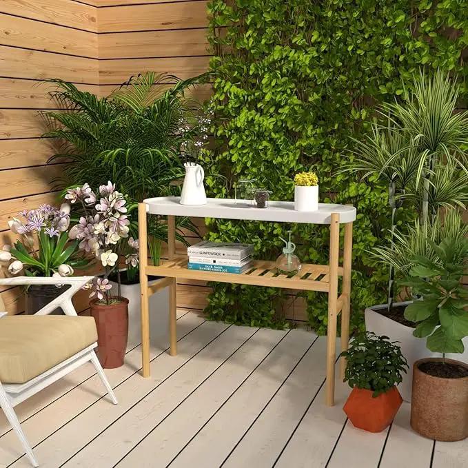 Bamboo Plant Stands Indoor, 2 Tier Steel Tray Tall Corner Plant Stand Holder & Plant Display Rack for Outdoor Garden Indoor Home (1 - 2 Tier) by GreenHaven Gardens