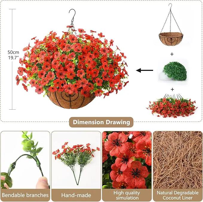 Artificial Faux Hanging Plants Flowers Basket Outdoor Porch Garden Spring Decoration, Fake Silk Daisy in Planter Realistic UV Resistant for Outside Home Patio Balcony Yard(Red) by GreenHaven Gardens