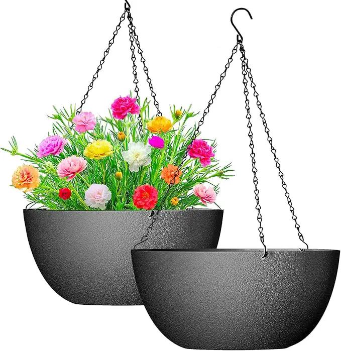 WOUSIWER 13 inch 2Pack Large Hanging Planters for Outdoor Indoor Plants with Drainage Holes and Chain, Round Hanging Flower Pots for Garden Home Porch Decor, Black by GreenHaven Gardens