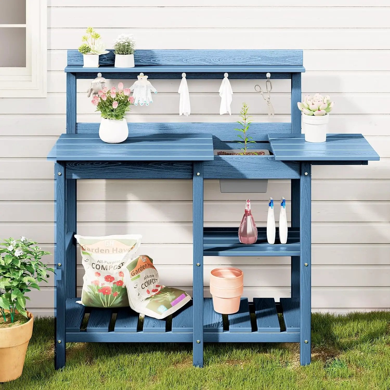 SERWALL Potting Table Outdoor Potting Bench with Sink, HDPE Potting Benches for Outside All Weather Use- Blue by GreenHaven Gardens