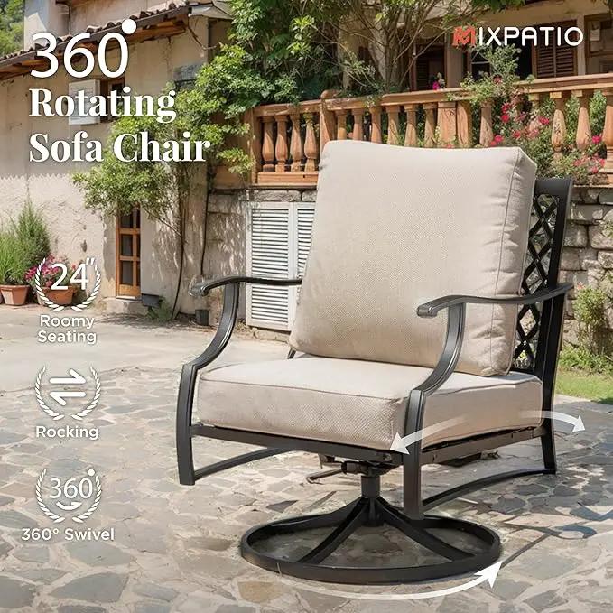 Patio Furniture Set with Fire Pit Table, 5 Pcs Metal Outdoor Conversation Set, 4 Swivel Chairs with 5.75" Extra Thick Cushion and 28" Fire Pit Table for Backyard Deck, Beige by GreenHaven Gardens