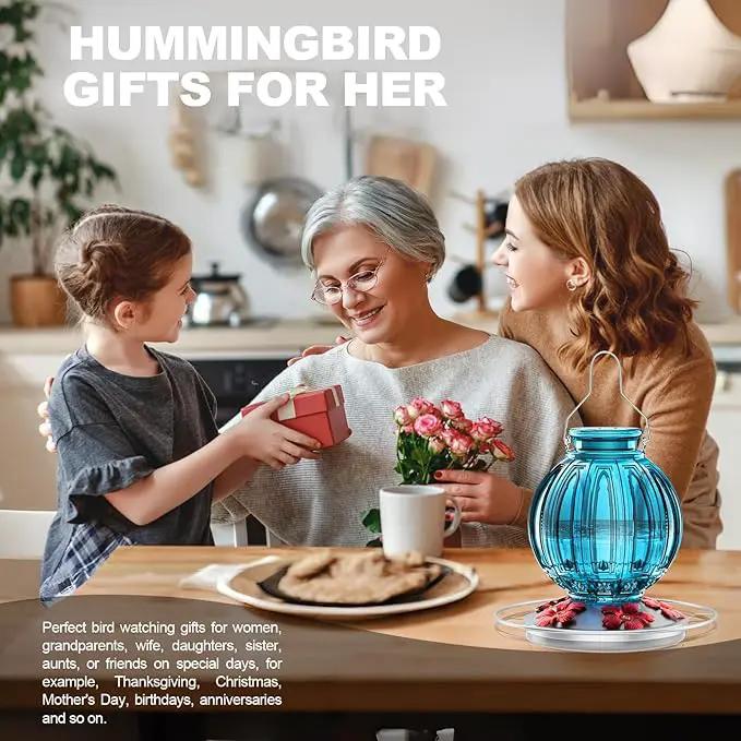 Glass Hummingbird Feeder for Outdoors Hanging, 26Oz Bird Nectar Feeder with Perch & 5 Flower Feeding Ports, Leak Proof for Outside Garden Decor Backyard, Gifts for Women Mom, Blue by GreenHaven Gardens