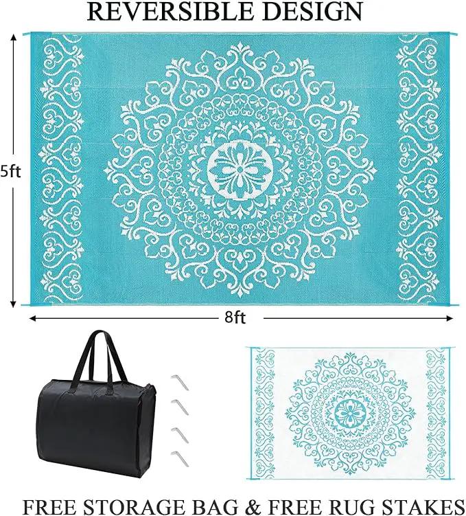 Pauwer Waterproof Outdoor Rug 5x8, Reversible Plastic Straw Patio Camping Rug, Indoor Outdoor RV Mat Carpet for Deck, Camper, Porch, Balcony, Backyard, Picnic, Floral Teal by GreenHaven Gardens