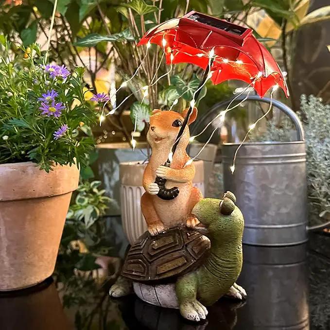 Solar Garden Statue Outdoor Decor - Squirrel Standing on Turtle Holding Umbrella with String Lights Outdoor Waterproof Statues for Patio Lawn Yard Decoration Garden Ornaments Housewarming Gifts by GreenHaven Gardens