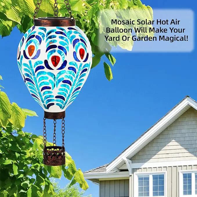 VOREEN Hot Air Balloon Solar Lantern, Mosaic Solar Outdoor Hanging Wind Light, Waterproof, Patio Festive Decor, Easter Gifts for Mom Father Grandma, Peacock Feather Design by GreenHaven Gardens
